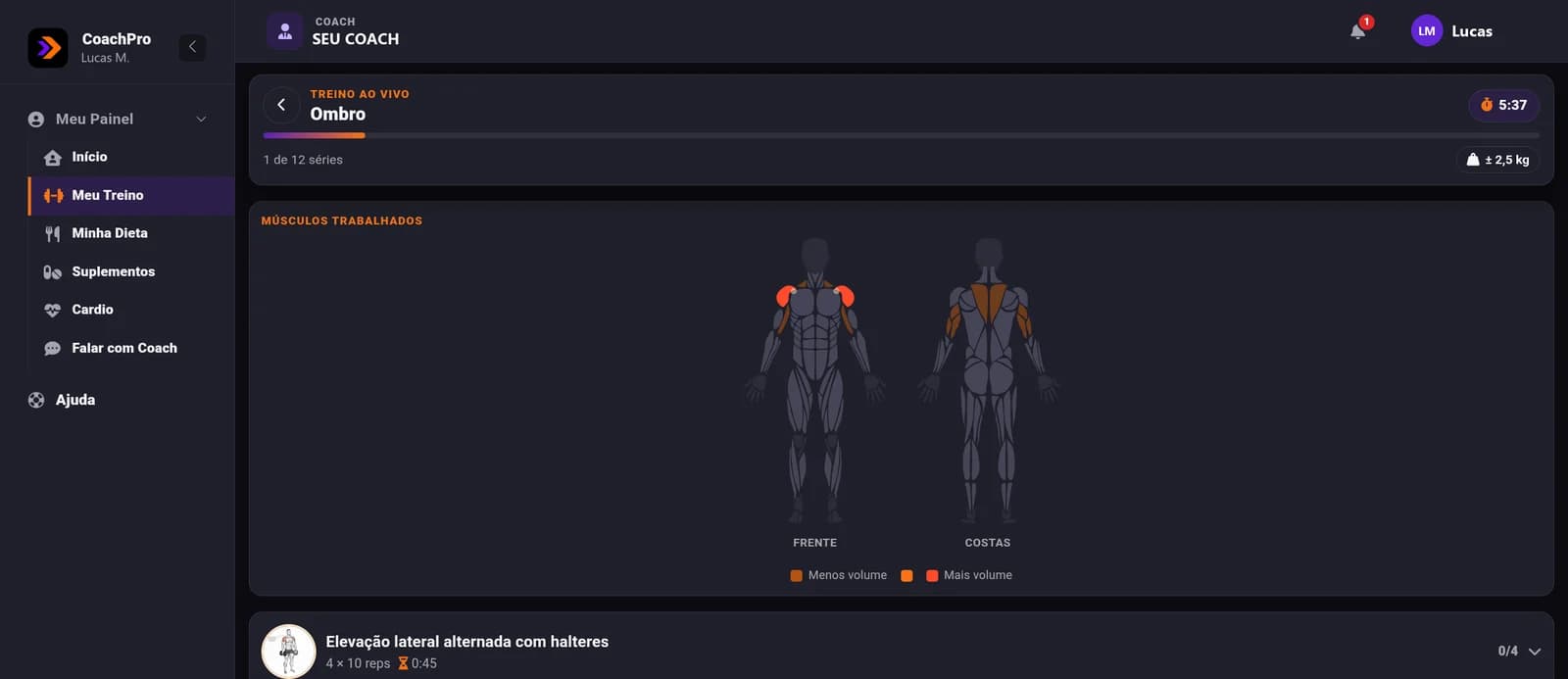 Treino ao vivo com mapa muscular e acompanhamento das séries
