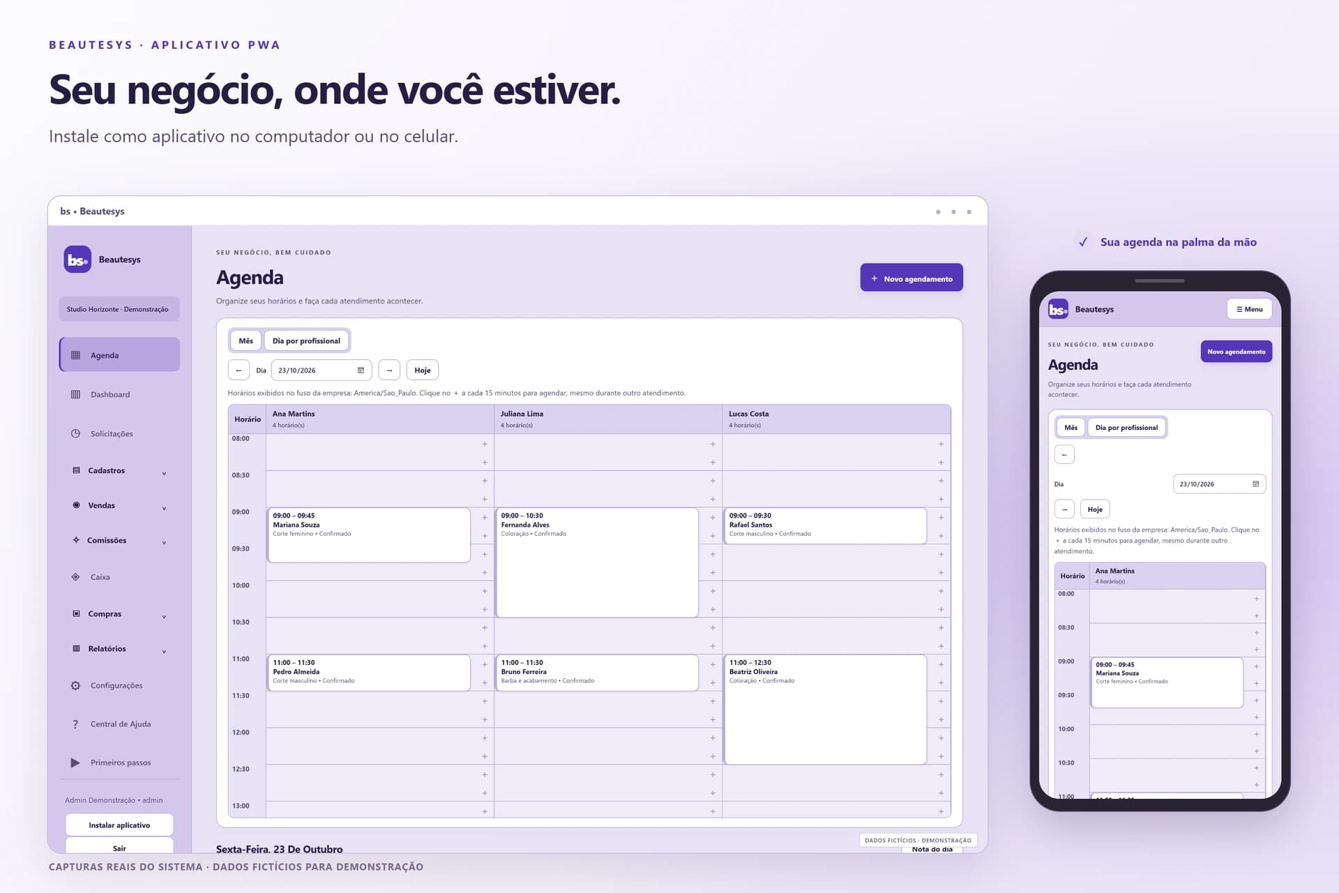 Gestão de beleza: agenda de profissionais no computador e no celular